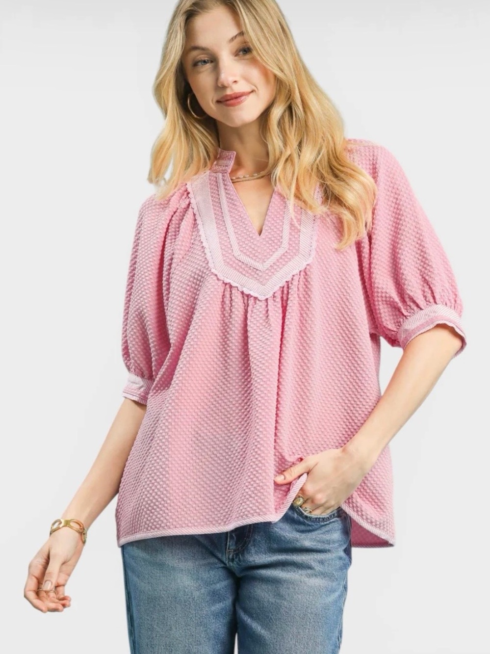 Umgee Pink Textured V-Neck Peasant Blouse